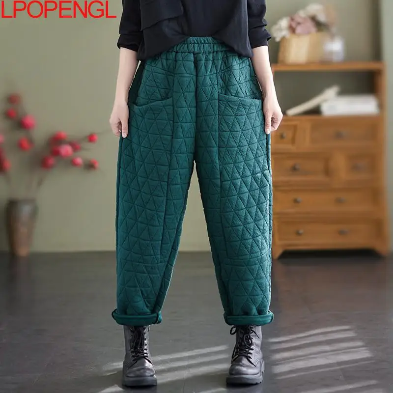 Women Warm Quilted Pants Elastic Waist Loose Solid Color Thick Trousers 2023 Autumn Winter New Vintage Pocket Casual Harem Pants