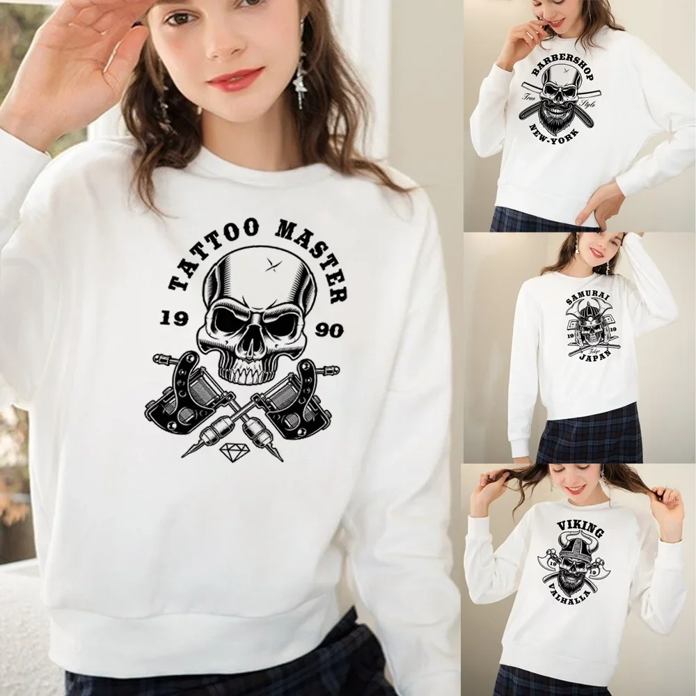 

Fashion Women Sweatshirts Korean Sweet O-Neck Pullovers Autumn Winter Solid Skull Print Streetwear Hoodies Clothing Long Sleeve