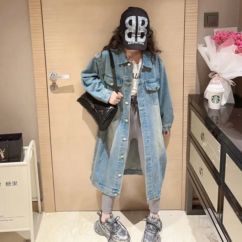 Girls Denim Trench Coat Fashion Retro Kids Long Coat Loose School Teen Clothes Spring Autumn Blue Casual Children Outerwear 12 Y