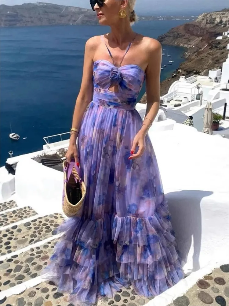 Layered Mesh Printed Dresses Women's Evening Party Dress Halter Neck Off Shoulder High Waist Holiday Banquet Long Vestidos New