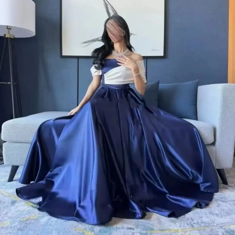 Ranmo синее и белое вечернее платье без бретелек по индивидуальному заказу атласное трапециевидное атласное арабское платье для выпускного вечера свадебное платье Vestidos de fiesta