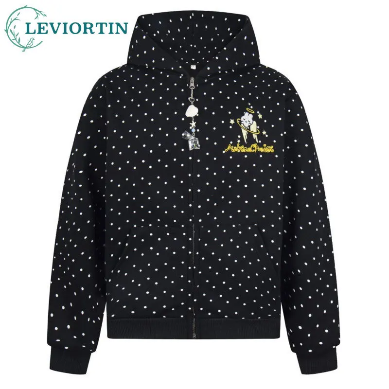 

Autumn men's loose double zipper cardigan sweatshirt, European and American trendy brand polka dot full print hooded jacket