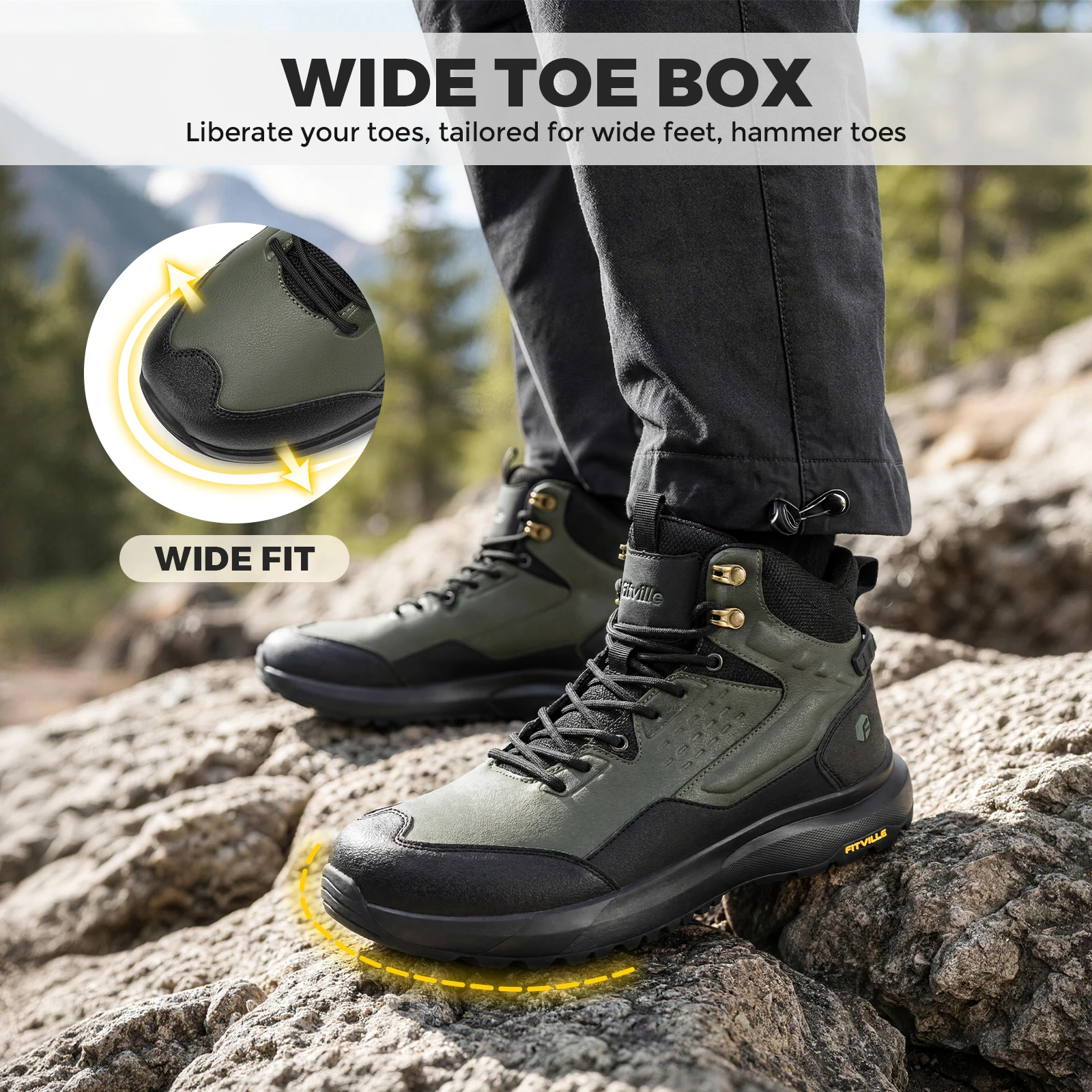 FitVille Men's Wide Hiking Boots Water Resistant High-top Trekking Shoes for Men Non-Slip Outdoor Tactical Combat Military Boot