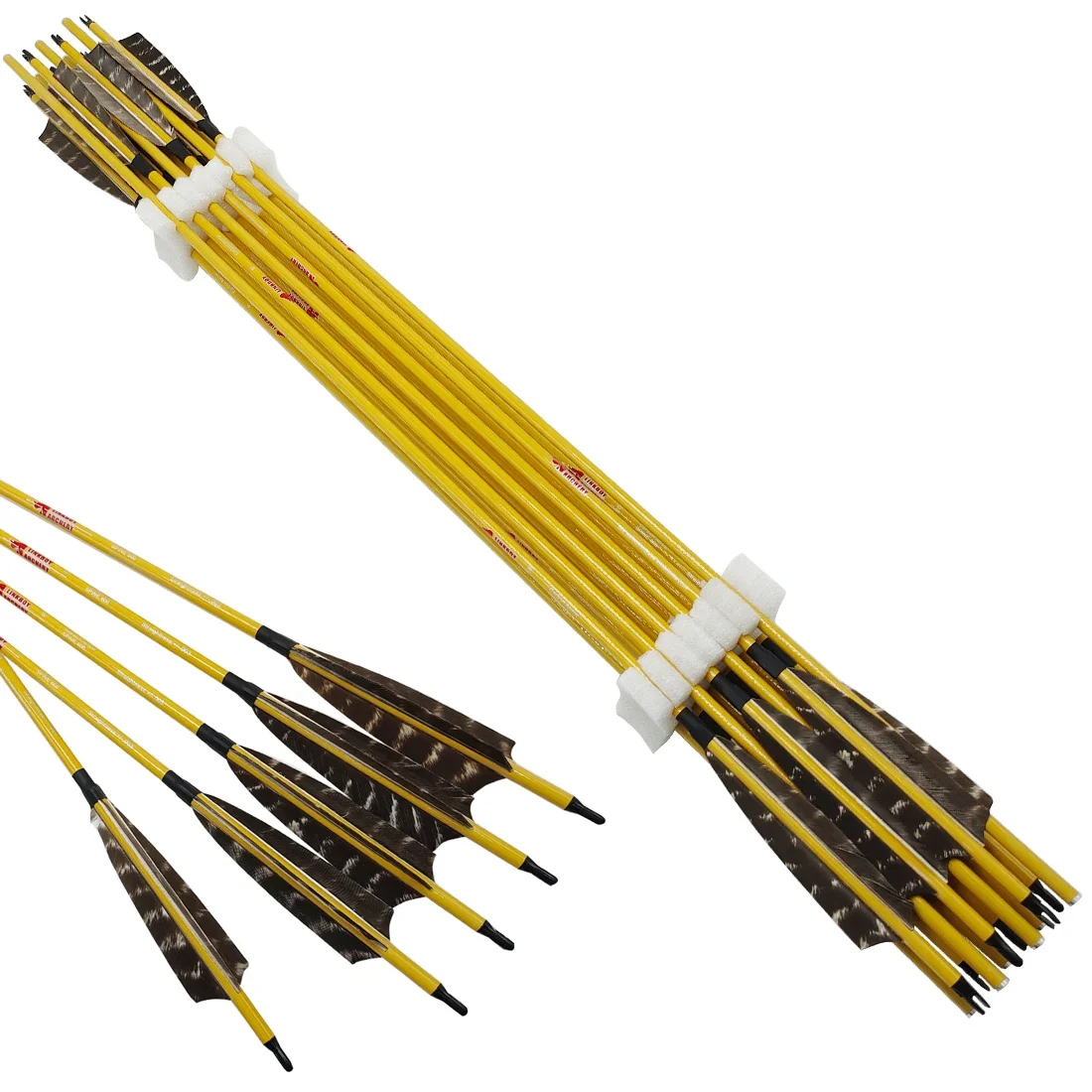 

6PCS Linkboy Archery Carbon Arrows Bamboo Skin ID 6.2mm 4inch Turkey Feather 75gr Target Point Compound Traditional Bow Hunting