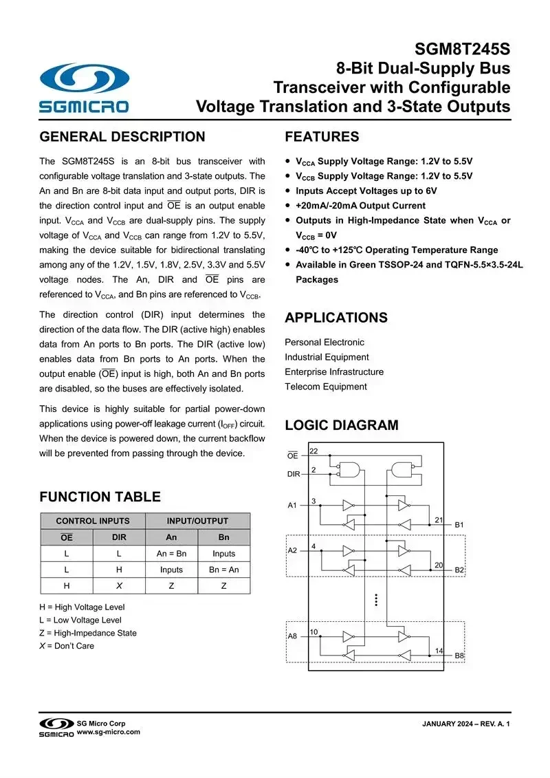 10Pcs/Lot SGM8T245SXTQQ24G/TR TQFN24,8-Bit Dual-Supply Bus Transceiver with Configurable Voltage Translation and 3-State Outputs