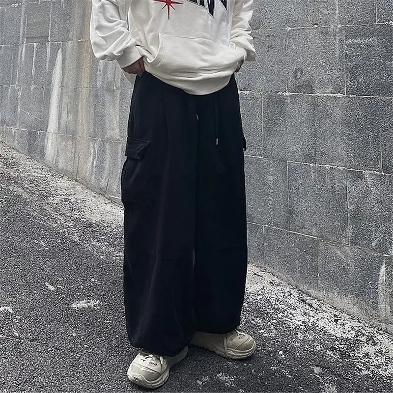 Men's Retro Cotton Cargo Pants Hip Hop Streetwear Loose Fit Casual Wide Leg Trendy Trousers for Spring Autumn