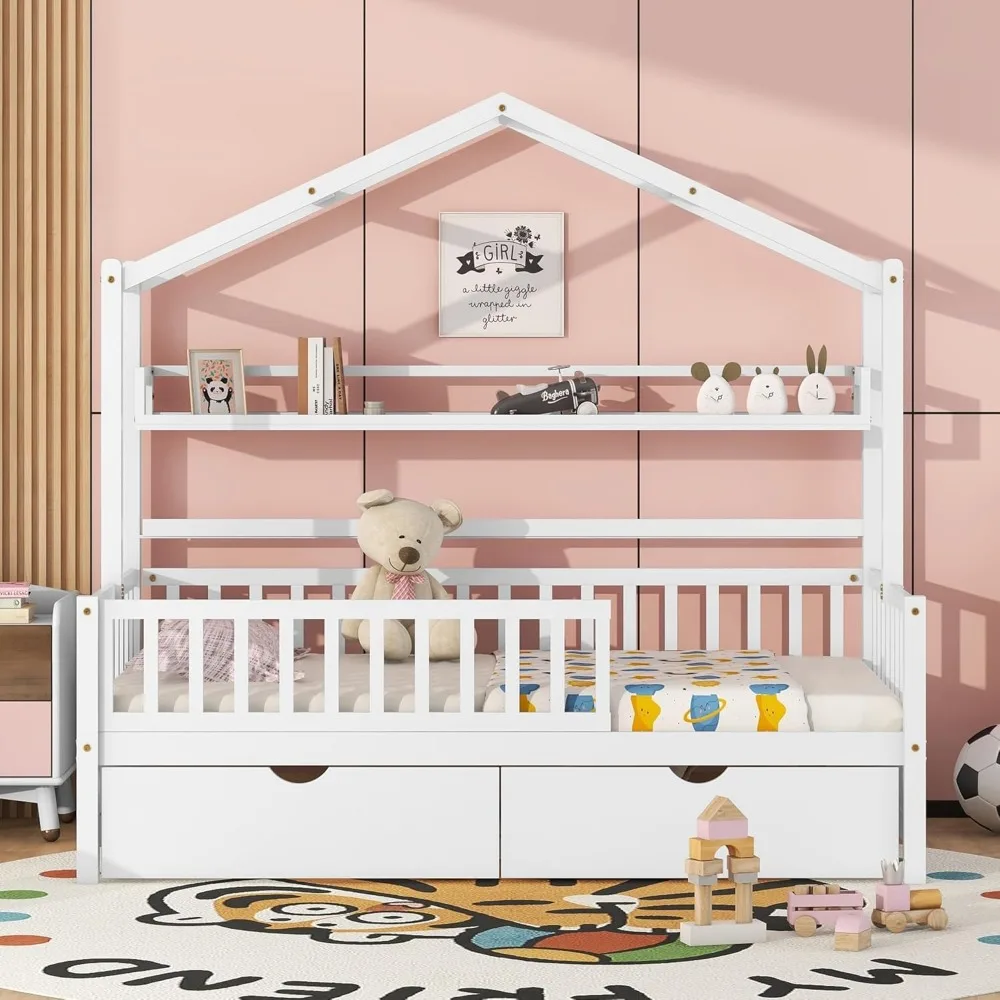 Lit double avec 2 tiroirs, cadre de lit pour enfants en bois avec étagère de rangement