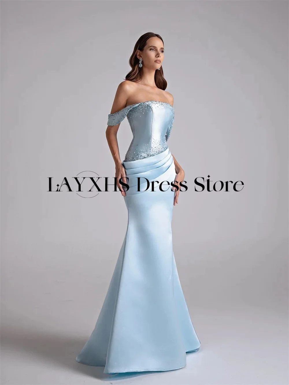 LAYXHS luxe perlé robe de soirée bleu hors de l'épaule sirène robe de bal robes de soirée personnalisées