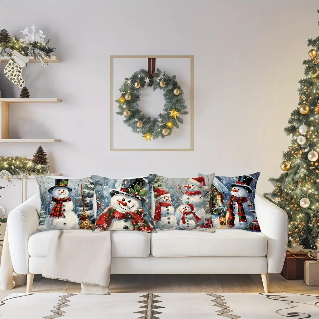 Festive 4pcs Set of Christmas Snowman Throw Pillow Covers 18x18 Inch, Vintage Style, Zip Closure, Polyester, Hand Wash Only