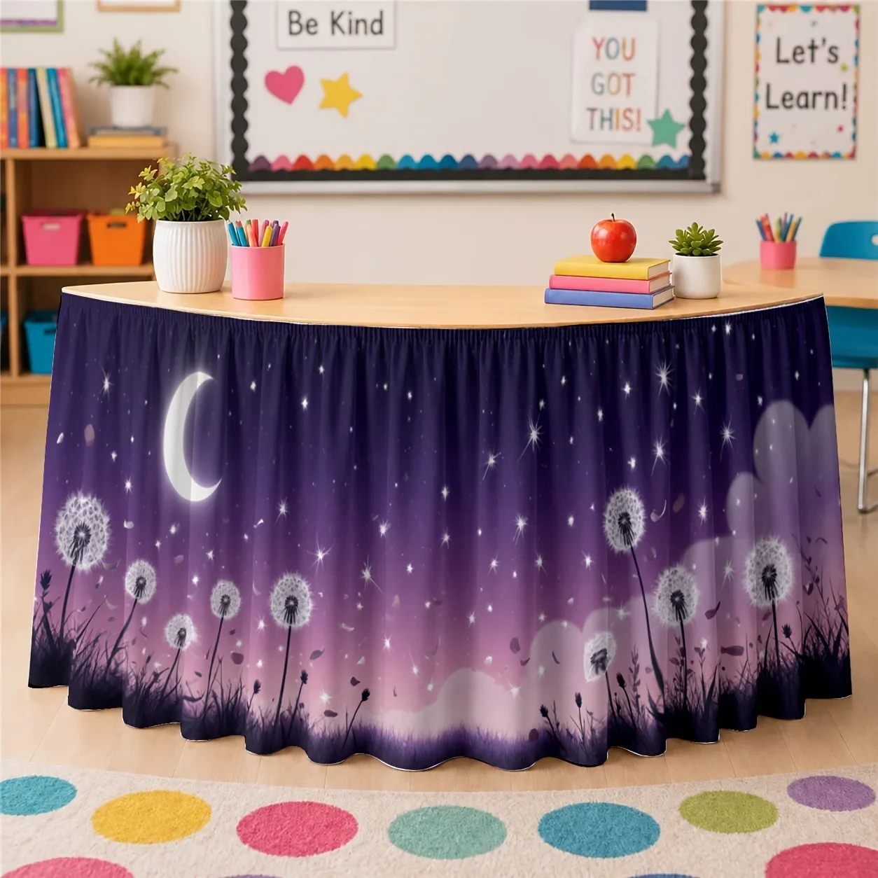 One piece. Table skirt. Dandelion night sky print. Bohemian dreamy and ethereal. Celestial garden decoration.
