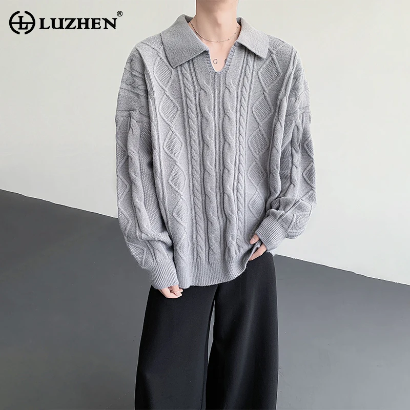 

LUZHEN 2025, новый зимний оригинальный узор, высококачественный вязаный пуловер с лацканами, мужской однотонный элегантный повседневный свитер JY5415