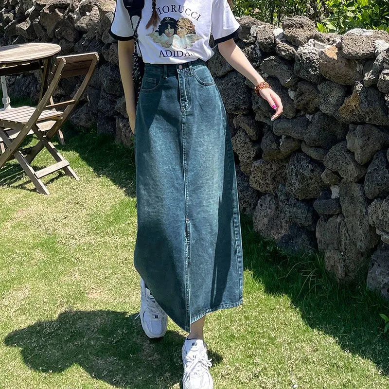 ZHIO Sommer Damen Jeans-Midirock Koreanischer Stil Hohe Taille Vorderer Schlitz Lange Röcke Y2K Streetwear Lässiger Loser Gerader Rock