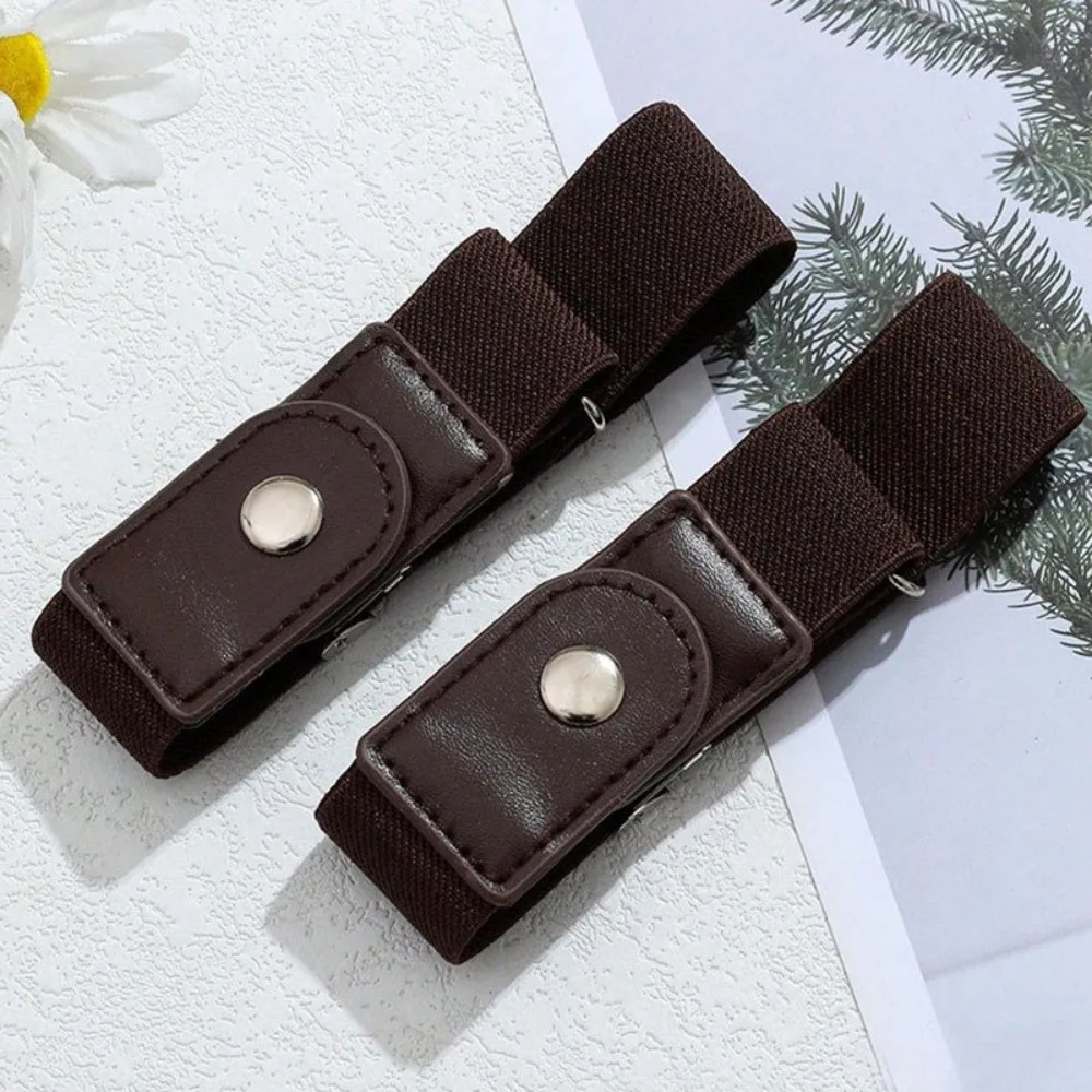 2pcs/set Casual No Buckle Elastic Belt Canvas Adjustable Waist Belt Invisible Pants Buckle Women Men