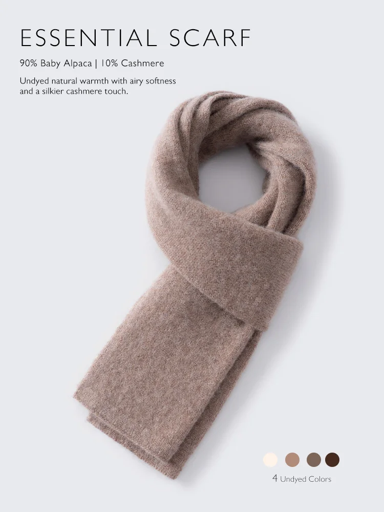 ESSENTIAL SCARF 90% Baby Alpaca 10% Cashmere Simple Scarf Undyed Plain Knit Winter Autumn Neck Wrap Rectangular Knit Muffler