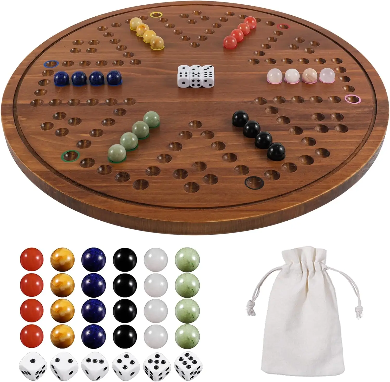 

Circular Large Marble Board Game, Double-Sided Painted Wooden Fast Track, 24 Marbles 6 Dice, 4-6 Player, Natural Burnt Color