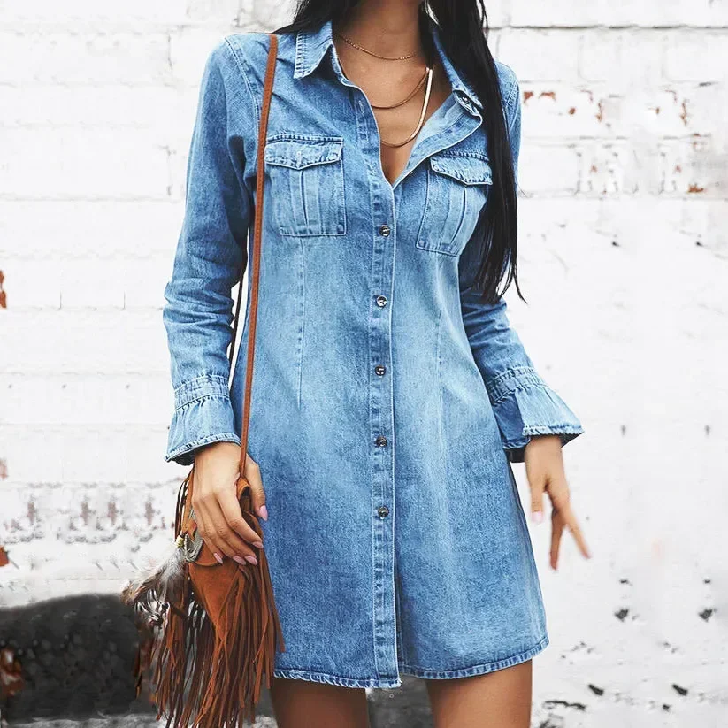 Women Y2k Denim Dress Mini Vintage Summer Sexy Loose Waist Slim Beach Dresses Party Lantern Sleeve Blue Pink Vacation Vestidos