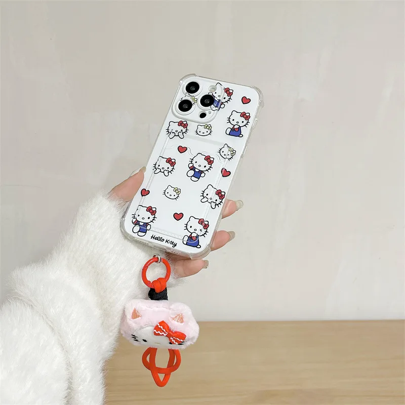 Hello Kitty Sanrio Plush doll Card photo Holder Anime Phone Case For iPhone 15 14 13 12 11 Pro Max Case Cute Cartoon Soft Cover