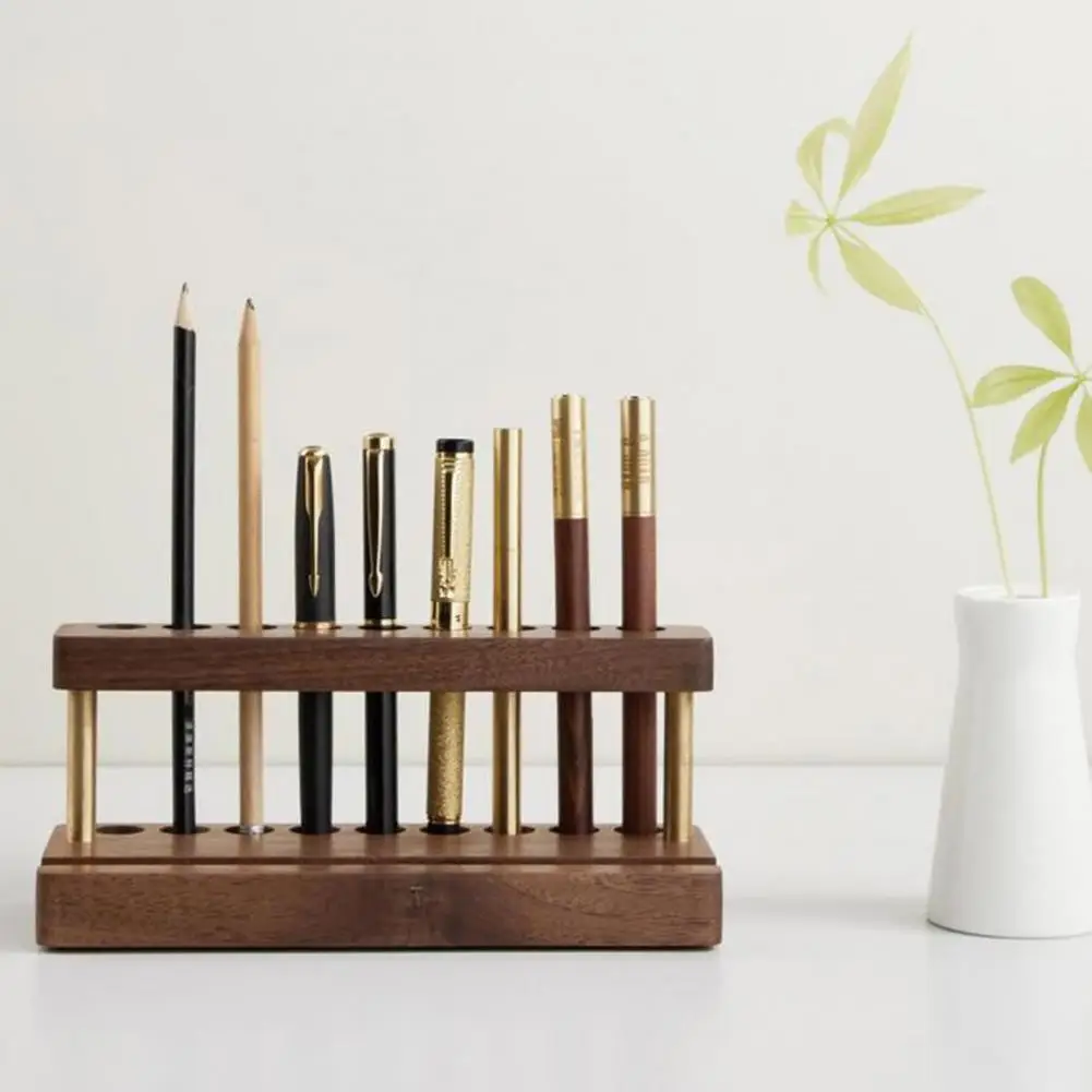 Rustic Desk Accessory Wooden Pen Holder with 9 Slots Cell Phone Stand Minimalist Office Decor Aesthetic Organizer for Desk
