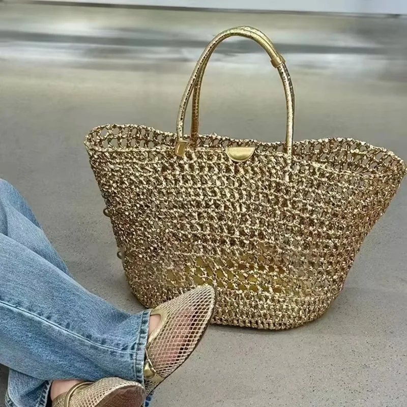 2026 new gold hollow woven tote bag for women, large capacity grass woven shoulder bag, fashionable and versatile commuting bag image 3