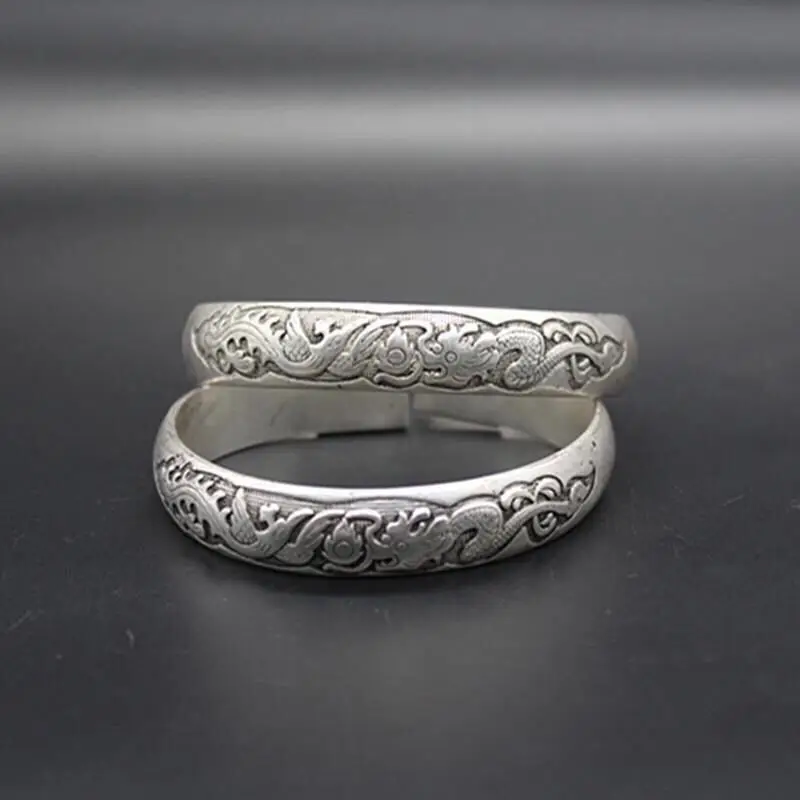 Chinese Alloy Silver-Tone Dragon Phoenix Bangle Pair Fu Shou Character Open Cuff Bracelet Curio Collectible Jewelry Ornament