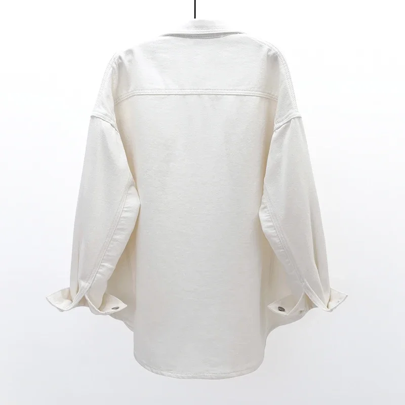 Rosa Weiß Große Tasche Langarm Denim Jacke Frauen Koreanische Mode Cowboy Oberbekleidung Herbst Lose Mid Lange Jeans Jacke Weibliche