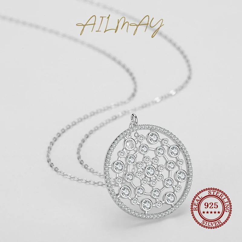 Ailmay Real 925 Sterling Silver Luxury Round Bubble Dazzling CZ Dangle Pendant Necklace For Women Wedding Fine Female Jewelry
