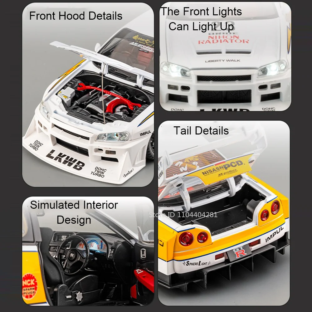 1:18 GTR Skyline Apollo EVO Legierung Sportwagen Diecast Modell Spielzeug Ornament Türen Geöffnet Sound Licht Zurückziehen Fahrzeug Junge Weihnachten Geschenk