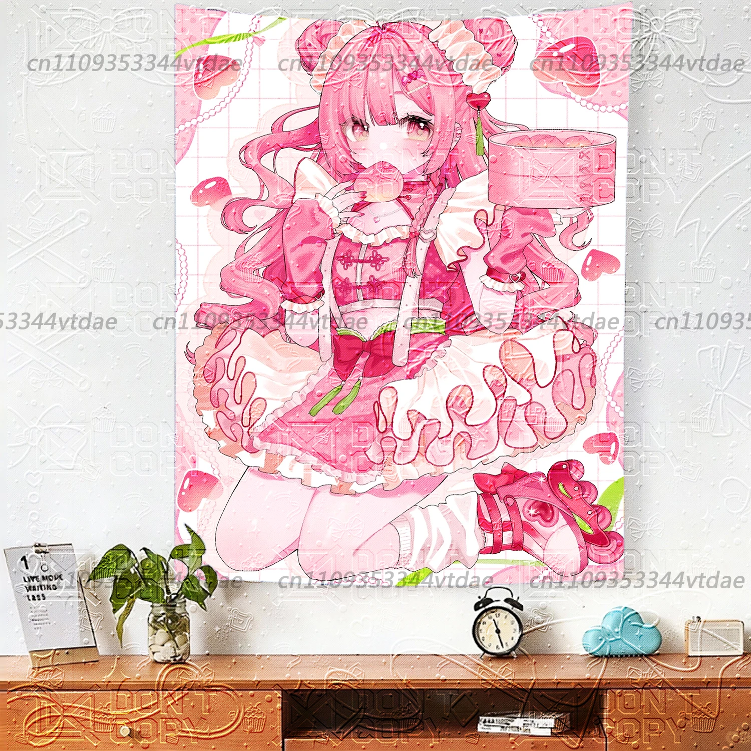 Kawaii Peach Anime Girl Tapestry, Pink Chinese Style Wall Hanging, Sweet Heart Aesthetic Background Cloth for Bedroom Dorm