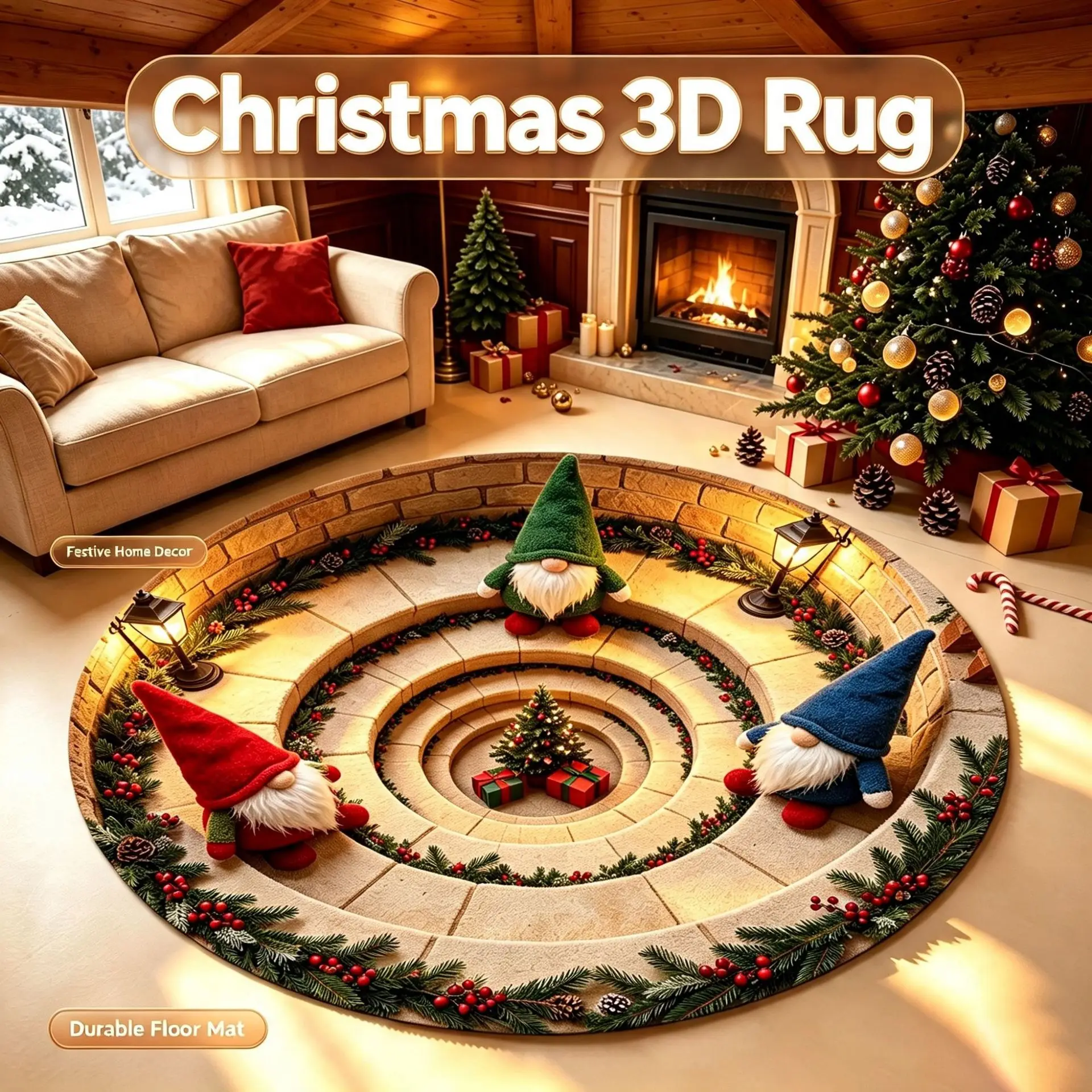 2026 Christmas Dwarves 3D Flat Visual Decoration Carpet Holiday Atmosphere Creative Circular Carpet Living Room Coffee Table Mat