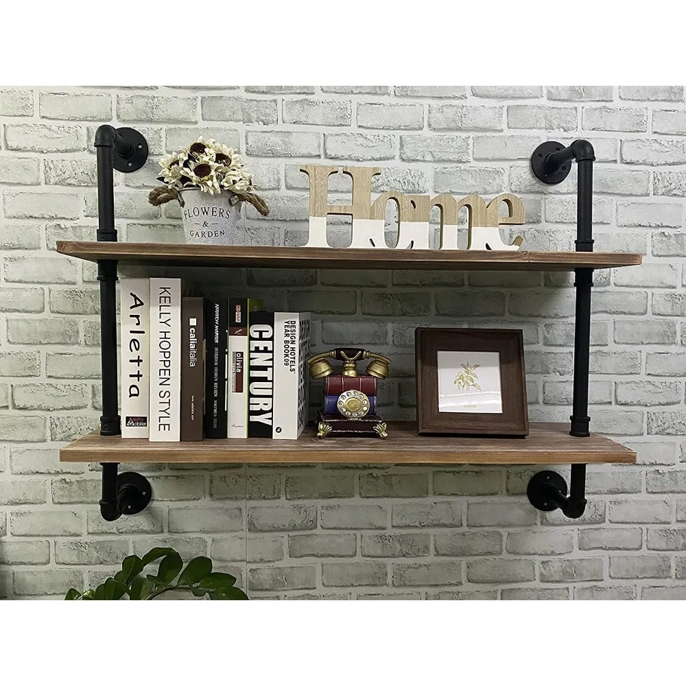 Industrial Floating Pipe Shelves with Wood planks 36 inch Industrial Wall Shelf,2Tier Floating decorative shelves