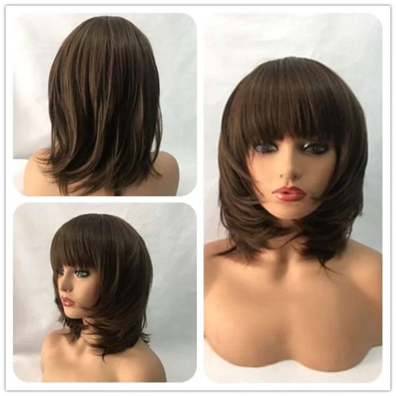 

Women Wig Short Straight Curly Ladies Wig Dark Brown Natural Hair Wig+Wig Cap