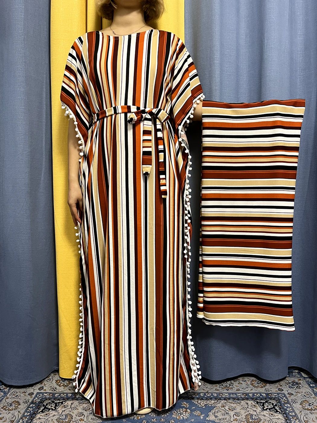 

Muslim Abayas For Women 2023 Elasticity Novelty Tassels Loose Fit Femme Robe African Fashion Stripe Dresses With Belt HeadScarf