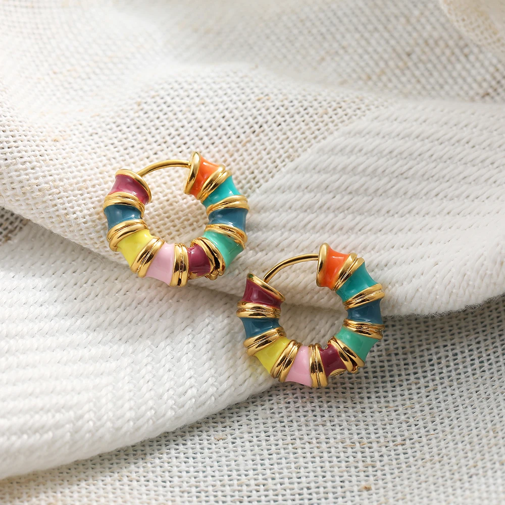 Vintage Colorful Enamel Round Circle Small Hoop Earrings for Women Cute Rainbow Bamboo Knots Gold Huggies Ear Studs Jewelry Gift