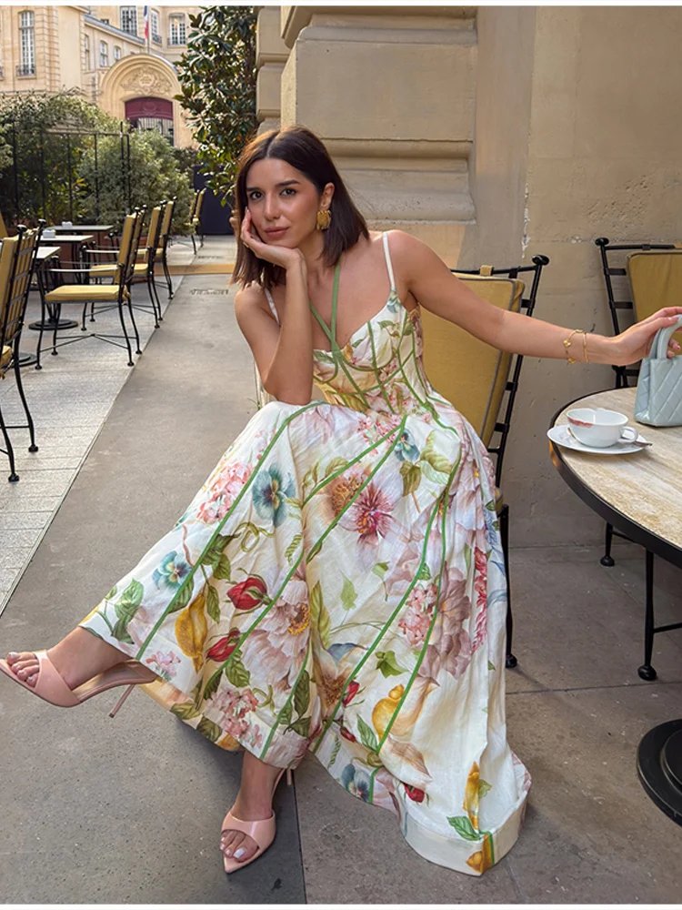 2026 Neues Boho Blumenmuster Neckholder Maxikleid für Damen Korsett-Bustier Rosa Besatz A-Linie Fließendes Sommer-Urlaubskleid für den Strand – Detail 8