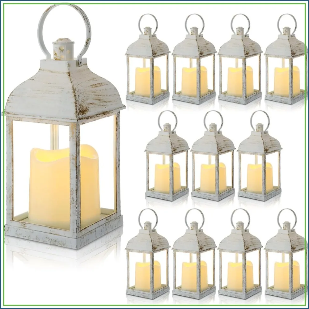 12 Pack 10 Inch White Decorative Candle Lanterns with LED Flameless Candles for Indoor Outdoor Wedding Party Decor