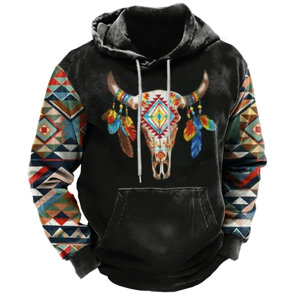 New retro men\'s pullover sweatshirt with cow head pattern, daily sports streetwear designer, spring and autumn clothing hoodie