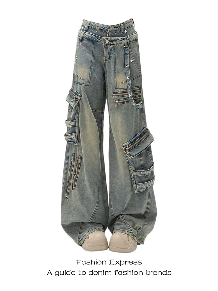 

American Retro Design Heavy Duty Multi Pocket Denim Work Pants Women Autumn Winter New Loose Floor Length Pants