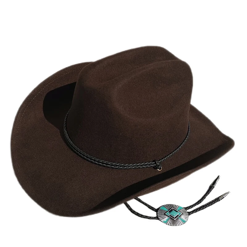 Retro Ethnic Braided Rope Yellowstone 100% Hard Wool American Western Wide Brim Cowboy & Cowgirl Sun Hat Pinch Front 55-61cm