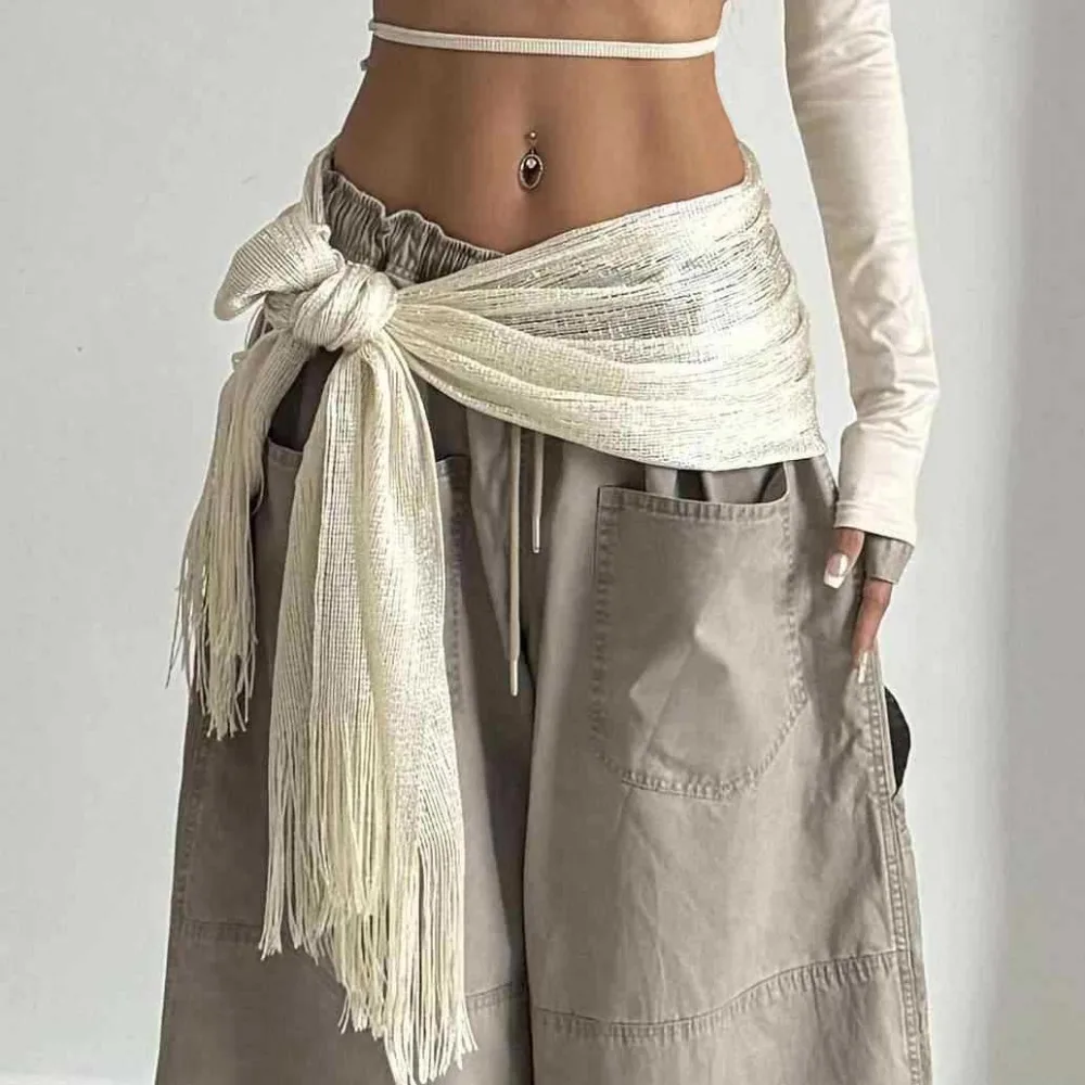 

Jeans Pants Decor Long Flowy Fringe Tassel Fabric Scarf Harajuku Y2K Streetwear Butt Curtain Solid Color Cape Belt