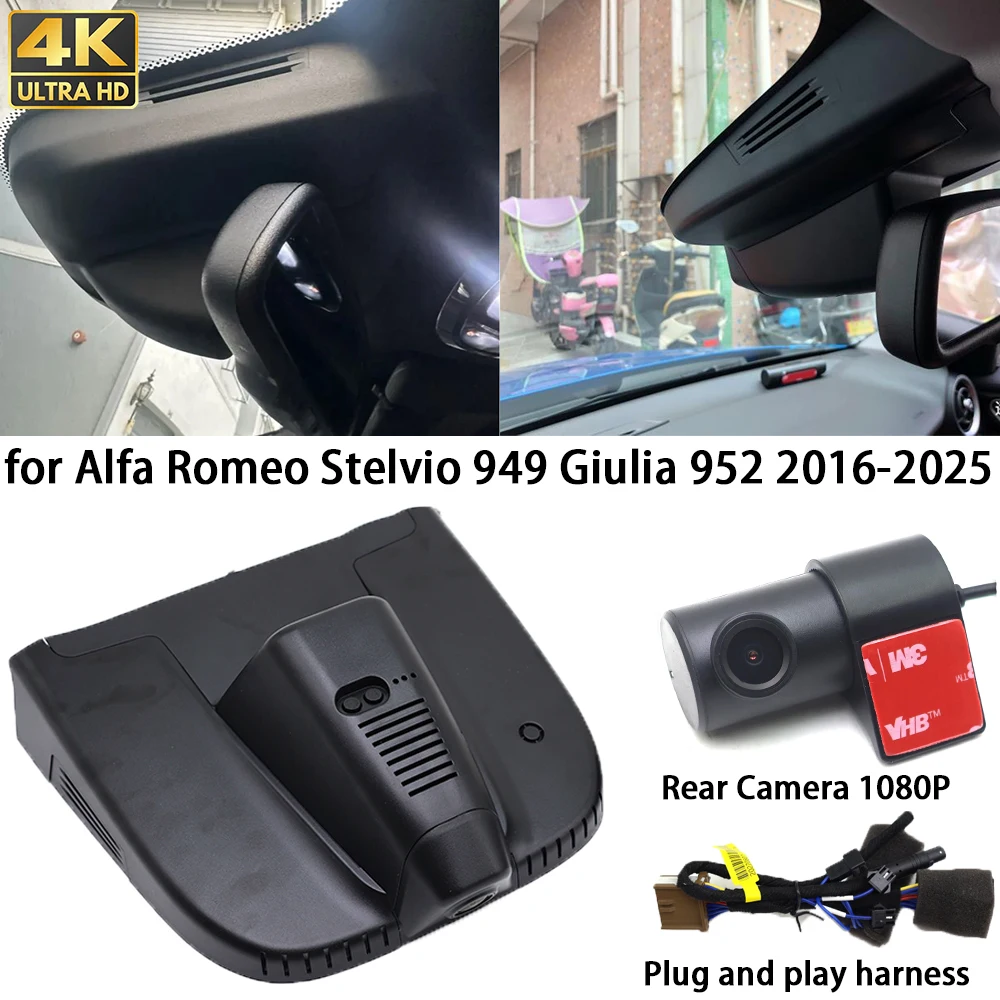 for Alfa Romeo Stelvio 949 Giulia 952 2016-2025 4K Dash Cam Front Rear Camera DVR Plug and Play Video Recorder Wifi 24h Record