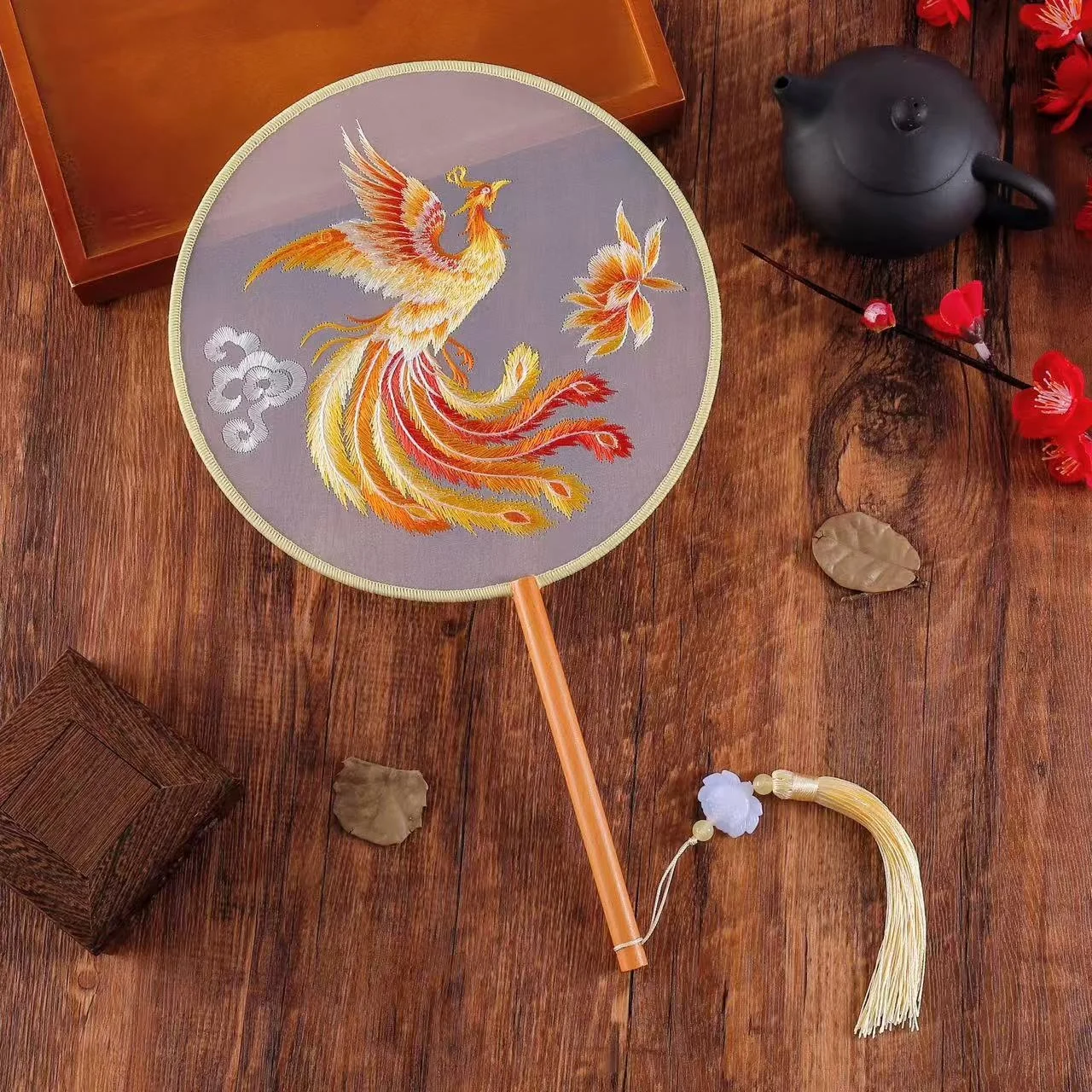 Traditional Chinese Dragon Embroidery Fan Exquisite Double-Sided Hand Fan with Tassel Ethnic Style Summer Cooling Accessories