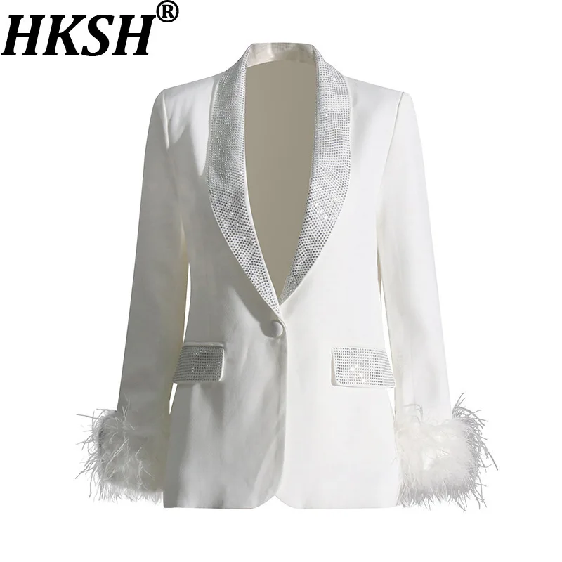 HKSH Spring Autumn New Women Blazer Turn-down Collar Studded Diamonds Single Button Cuff Spliced Feather Luxury Ins Coat HK16316