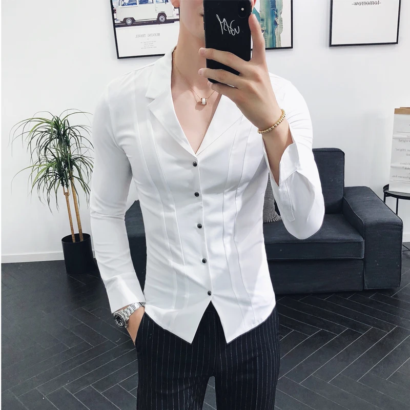 2023 Brand Clothing Men High Quality Spring Long-Sleeved Shirts/Male V-neck Slim Fit Casual Business Shirts Plus Size S-4XL