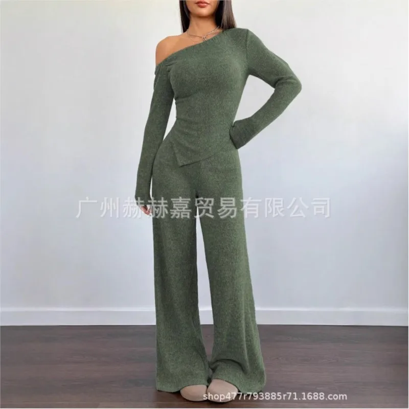 Autumn Casual Solid Color Women's Two-piece Sexy Sloping Collar Slim-fit Irregular Top Paired With Wide-leg Pants Knitted Suit