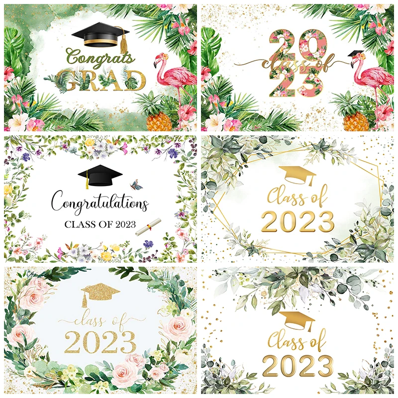2023 Graduates Photography Background Green Leaves Bachelor's Cap Decorations Student Graduation Party Photo Backdrop Banner