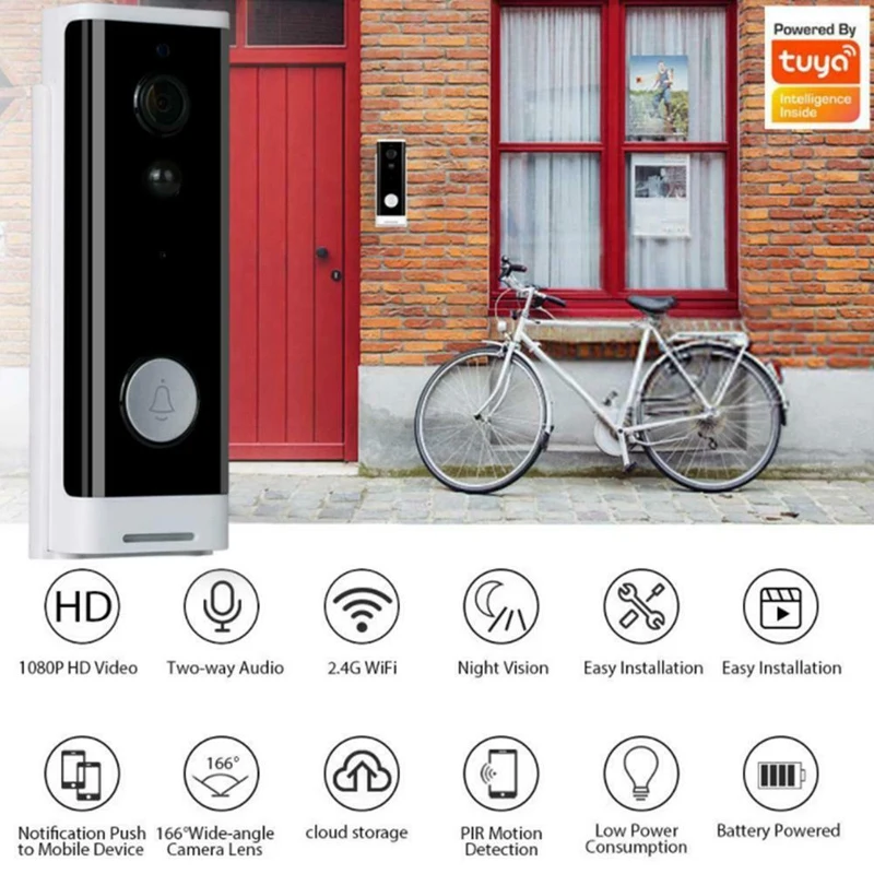 Monitor PIR sem fio HD WiFi, câmera intercomunicante de 2 vias, campainha de vídeo, funciona com Tuya vida inteligente, campainha, 1080p