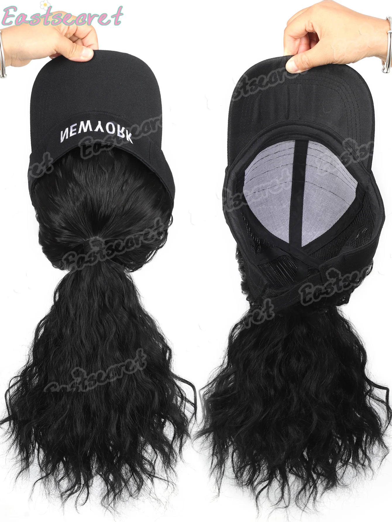 EAST Peluca de cola ondulada rizada sintética, peluca de sombrero negro con letras, resistente al calor, adecuada para uso diario, pelo corto integrado con sombrero
