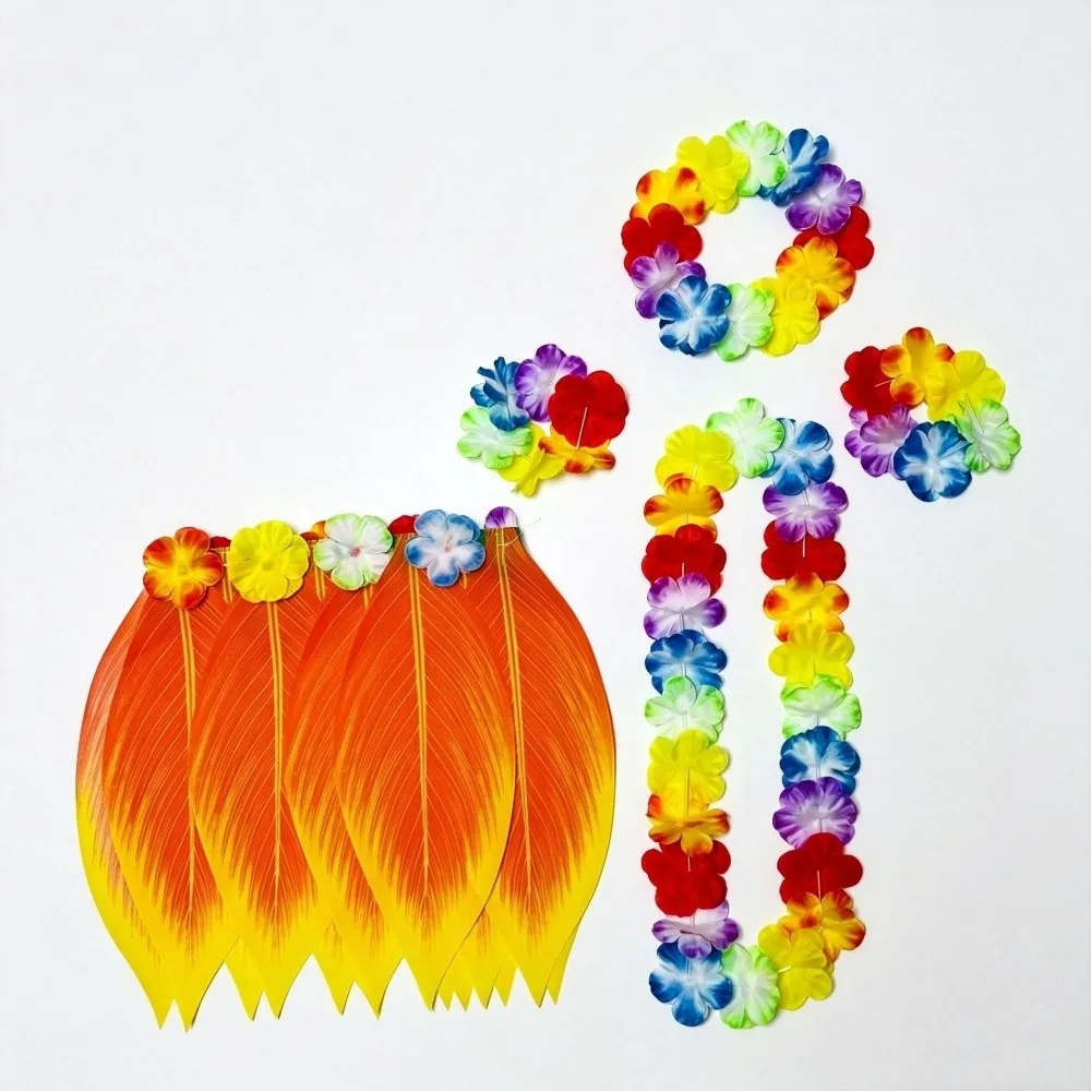 5Pcs Simulation Leaf Hawaiian Luau Outfit Set Hibiscus Wreaths Grass Skirt Complete Dance Outfit Hawaiian Garlands