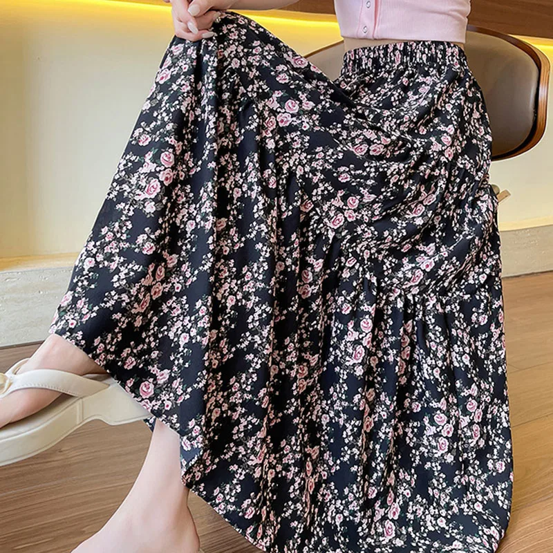 핑크 빈티지 꽃 프린트 롱 스커트 여성 우아한 streetwear 탄성 허리 미디 스커트 여성 여름을위한 다목적 a 라인 스커트