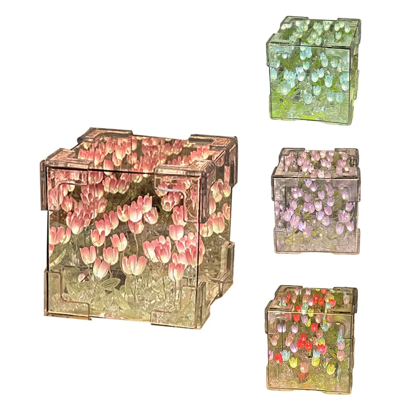 MAKE-DIY TULIP Mirror Cube โคมไฟจําลองดอกไม้ห้องนอน Sleeping ตาราง Handmade TULIP ขนาดเล็ก Night Light ของขวัญ